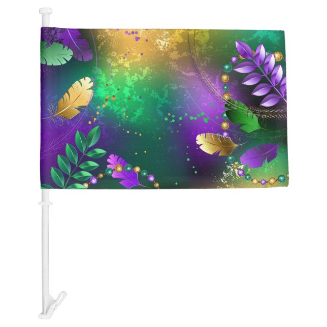 Iridescent mardi gras background with beads car flag (Front)