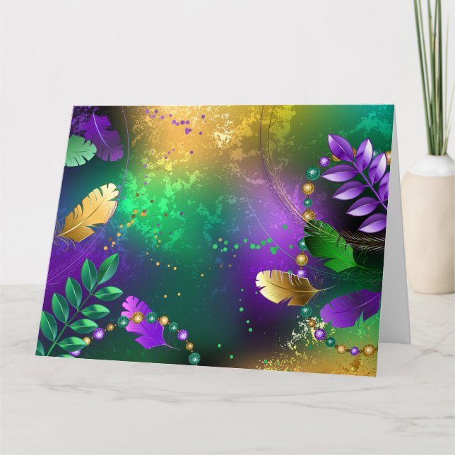 Iridescent mardi gras background with beads card (Front)