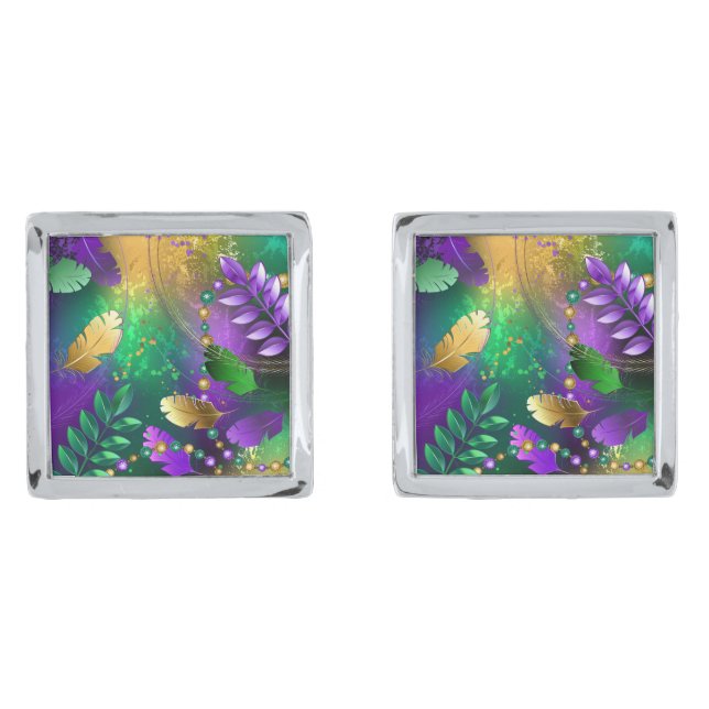 Iridescent mardi gras background with beads cufflinks (Front)