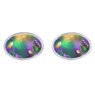 Iridescent mardi gras background with beads cufflinks