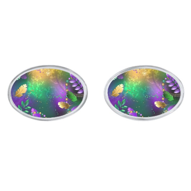 Iridescent mardi gras background with beads cufflinks (Front)