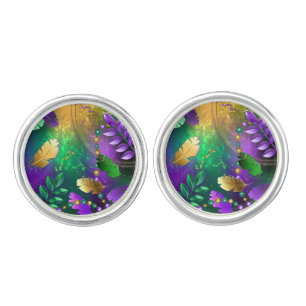 Iridescent mardi gras background with beads cufflinks
