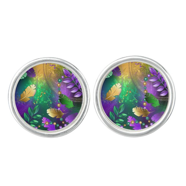 Iridescent mardi gras background with beads cufflinks (Front)