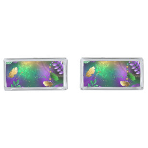 Iridescent mardi gras background with beads cufflinks