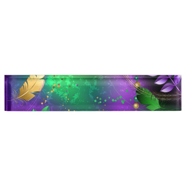 Iridescent mardi gras background with beads desk name plate (Front)