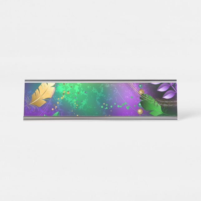 Iridescent mardi gras background with beads desk name plate (Front)