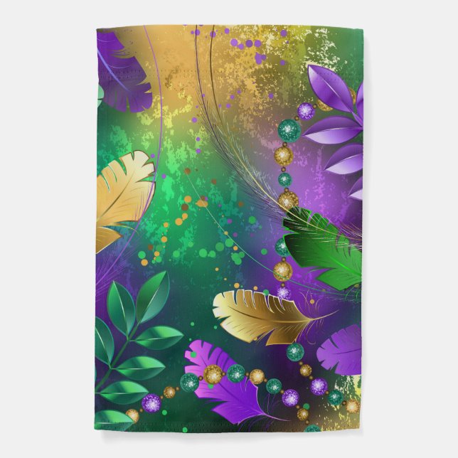 Iridescent mardi gras background with beads garden flag (Front)