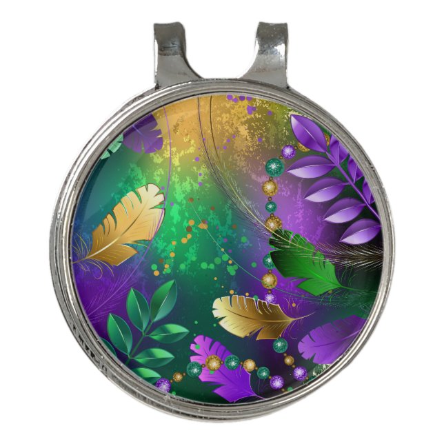 Iridescent mardi gras background with beads golf hat clip (Front)