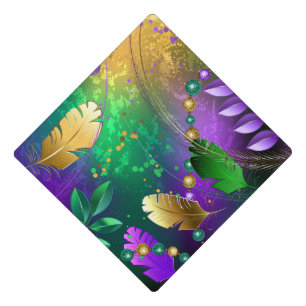 Iridescent mardi gras background with beads graduation cap topper