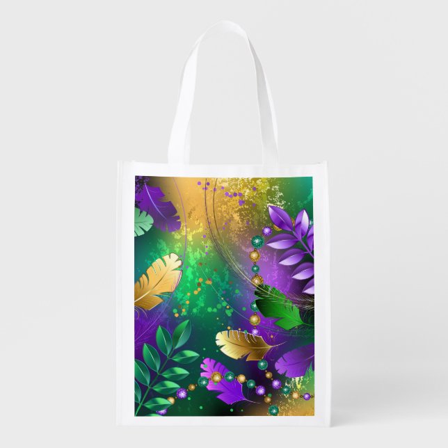 Iridescent mardi gras background with beads grocery bag (Front)