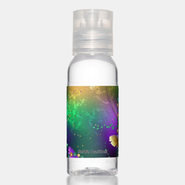 Iridescent mardi gras background with beads hand sanitizer (Front)