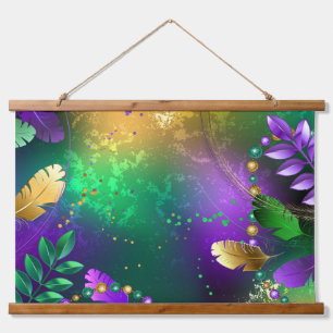 Iridescent mardi gras background with beads hanging tapestry