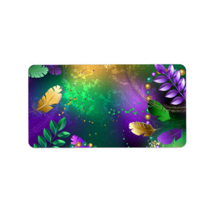 Iridescent mardi gras background with beads label
