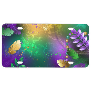 Iridescent mardi gras background with beads license plate