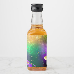 Iridescent mardi gras background with beads liquor bottle label