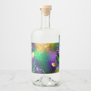 Iridescent mardi gras background with beads liquor bottle label