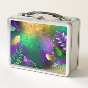 Iridescent mardi gras background with beads metal lunch box