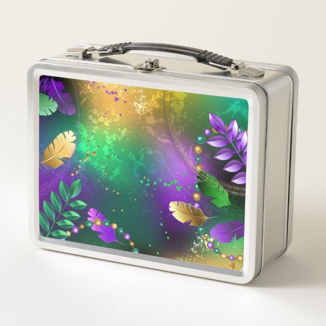Iridescent mardi gras background with beads metal lunch box (Front)