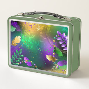 Iridescent mardi gras background with beads metal lunch box
