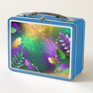 Iridescent mardi gras background with beads metal lunch box