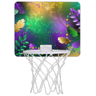 Iridescent mardi gras background with beads mini basketball hoop