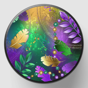 Iridescent mardi gras background with beads mini candle favors