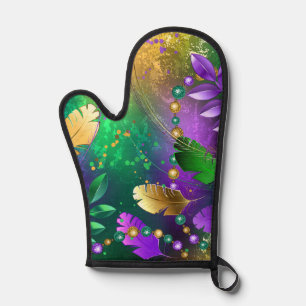 Iridescent mardi gras background with beads oven mitt