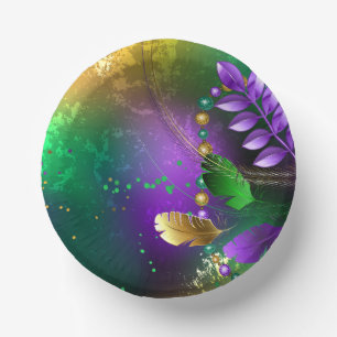 Iridescent mardi gras background with beads paper bowls