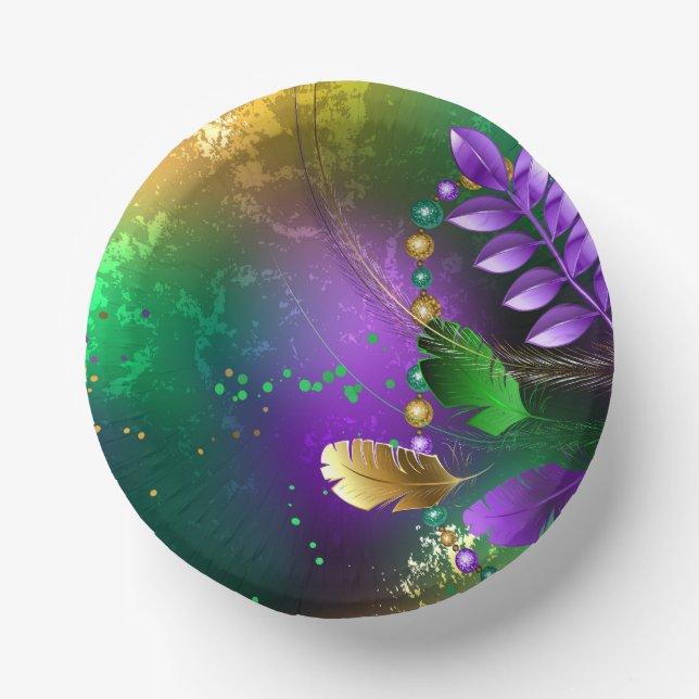 Iridescent mardi gras background with beads paper bowls (Front)