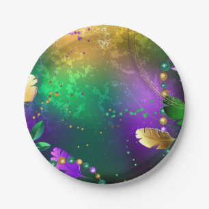 Iridescent mardi gras background with beads paper plates