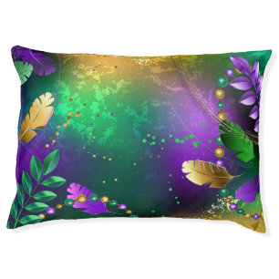 Iridescent mardi gras background with beads pet bed
