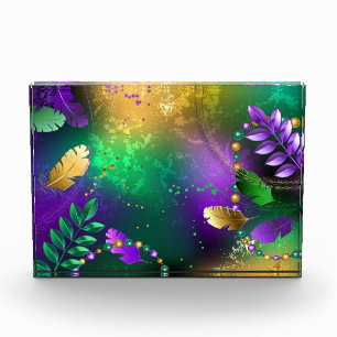 Iridescent mardi gras background with beads photo block