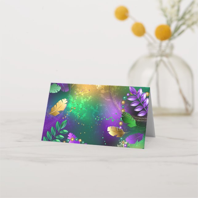 Iridescent mardi gras background with beads place card (Front)