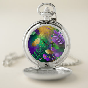 Iridescent mardi gras background with beads pocket watch