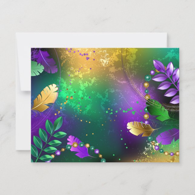 Iridescent mardi gras background with beads RSVP card (Front)