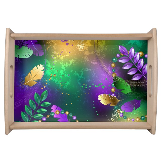 Iridescent mardi gras background with beads serving tray (Front)