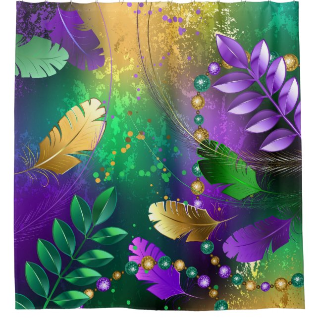 Iridescent mardi gras background with beads shower curtain (Front)