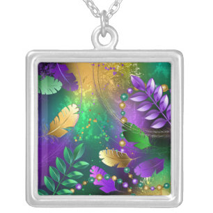 Iridescent mardi gras background with beads silver plated necklace