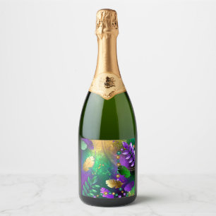 Iridescent mardi gras background with beads sparkling wine label