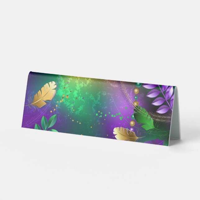 Iridescent mardi gras background with beads table tent (Front)
