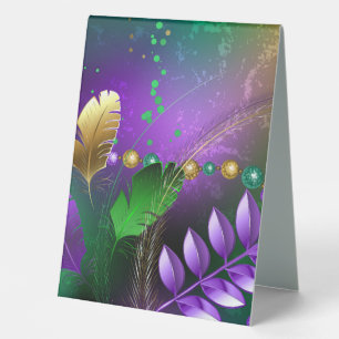 Iridescent mardi gras background with beads table tent
