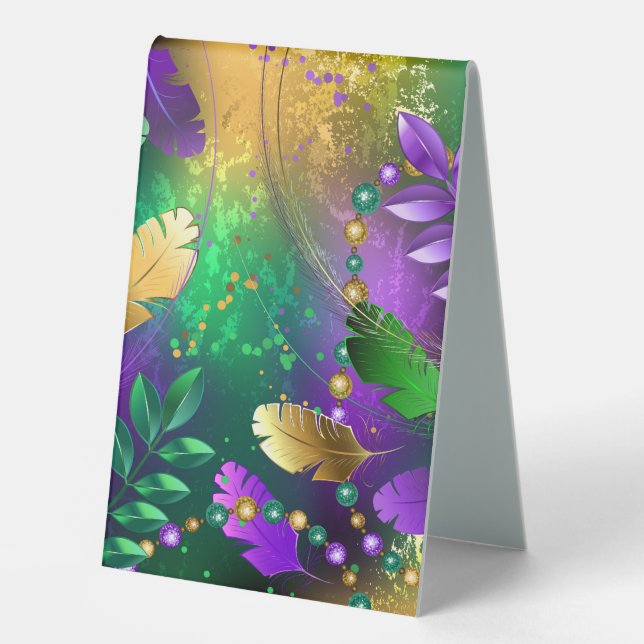 Iridescent mardi gras background with beads table tent (Front)