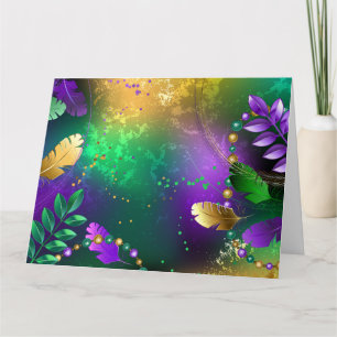 Iridescent mardi gras background with beads thank you card