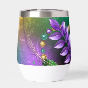 Iridescent mardi gras background with beads thermal wine tumbler