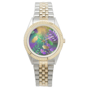 Iridescent mardi gras background with beads watch