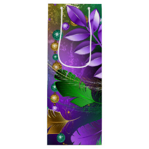 Iridescent mardi gras background with beads wine gift bag