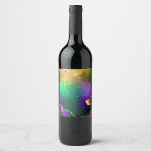 Iridescent mardi gras background with beads wine label