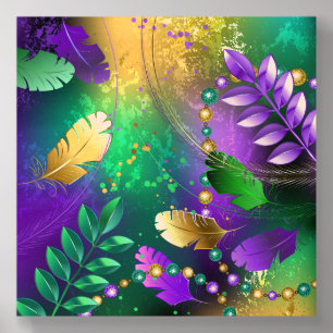 Iridescent mardi gras background with beads wood photo tile