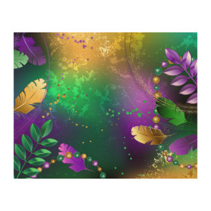 Iridescent mardi gras background with beads wood wall art