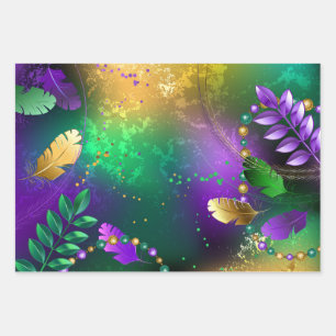 Iridescent mardi gras background with beads wrapping paper sheets